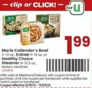Albertsons Marie Callendar's Bowl, Entree Or Healthy Choice Steamer offer