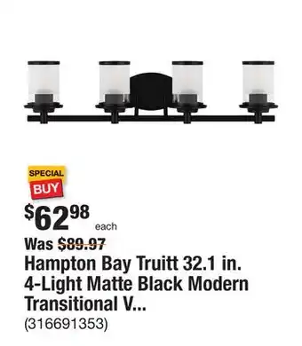 The Home Depot Hampton Bay Truitt 32.1 in. 4-Light Matte Black Modern Transitional Vanity with Clear and Frosted Glass Shades offer