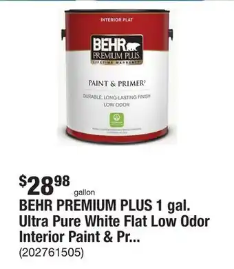 The Home Depot BEHR PREMIUM PLUS 1 gal. Ultra Pure White Flat Low Odor Interior Paint & Primer offer
