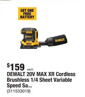 The Home Depot DEWALT 20V MAX XR Cordless Brushless 1/4 Sheet Variable Speed Sander (Tool Only) offer