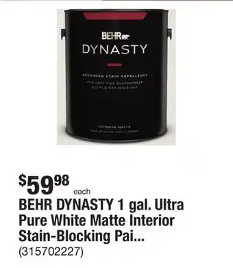 The Home Depot BEHR DYNASTY 1 gal. Ultra Pure White Matte Interior Stain-Blocking Paint & Primer offer
