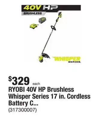 The Home Depot RYOBI 40V HP Brushless Whisper Series 17 in. Cordless Battery Carbon Fiber Shaft String Trimmer w/ 6.0 Ah Battery & Charger offer