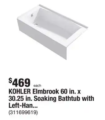The Home Depot KOHLER Elmbrook 60 in. x 30.25 in. Soaking Bathtub with Left-Hand Drain in White offer