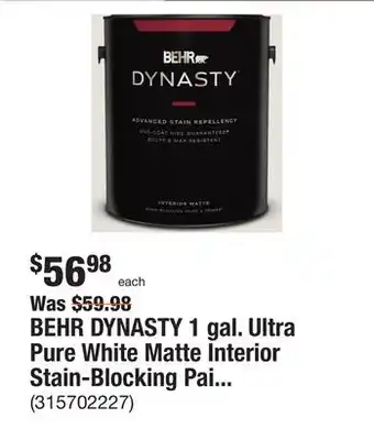 The Home Depot BEHR DYNASTY 1 gal. Ultra Pure White Matte Interior Stain-Blocking Paint & Primer offer