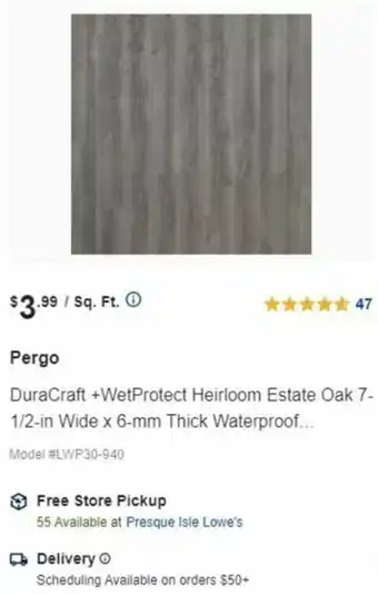Lowe's Pergo Duracraft + WetProtect Heirloom Estate Oak offer