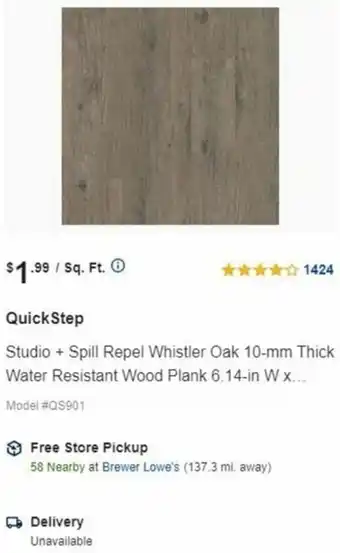 Lowe's QuickStep Studio + Spill Repel Whistler Oak 10-mm offer