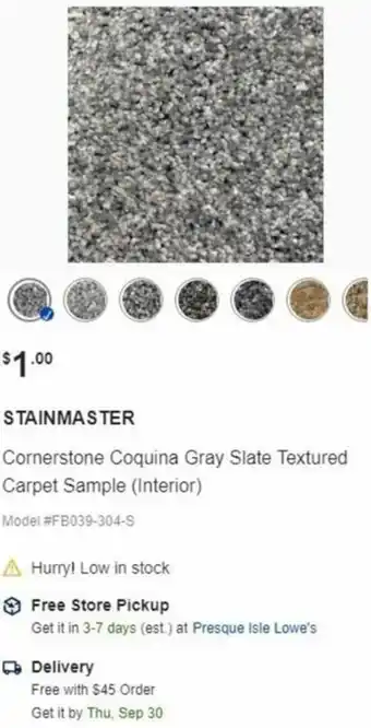 Lowe's Stainmaster Cornerstone Coqiona Gray Slate Textured Carpet Sample ( Interior) offer