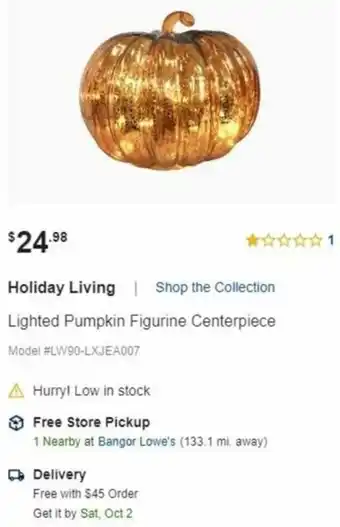 Lowe's Holiday Living Lighted Pumpkin Figurine Centerpiece offer