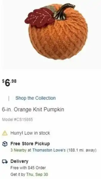 Lowe's Orange Knit Pumpkin offer