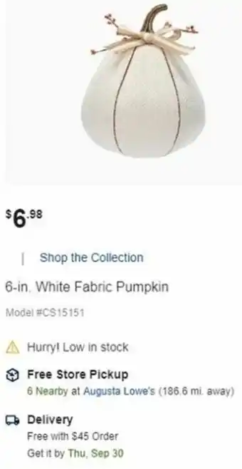 Lowe's 6 In White Fabric Pumpkin offer