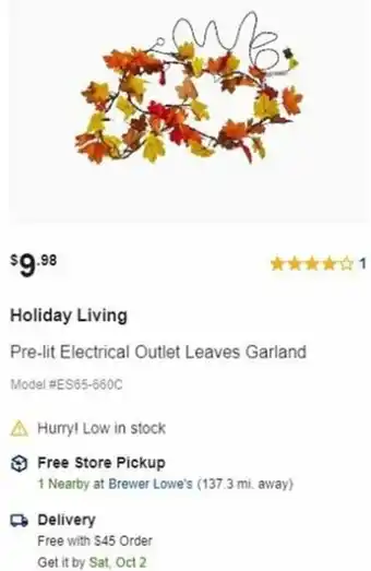 Lowe's Holiday Living Pre-Lit Electrical Outlet Leaves Garland offer