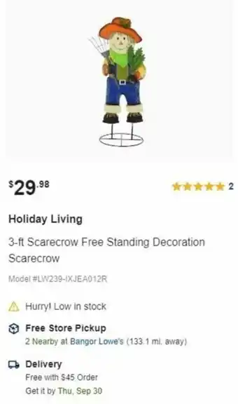 Lowe's Holiday Living 3 Ft. Scarecrow Free Standing Decoration Scarecrow offer