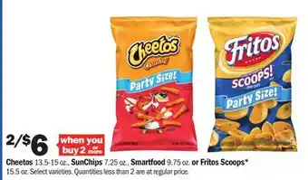 Meijer Cheetos 13.5-15 oz., SunChips 7.25 oz., Smartfood 9.75 oz. or Fritos Scoops* 15.5 oz offer