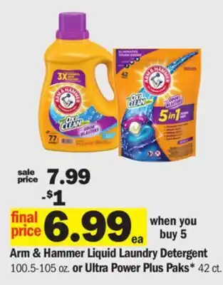 Meijer Arm & Hammer Liquid Laundry Detergent 100.5-105 oz. or Ultra Power Plus Paks* 42 ct offer