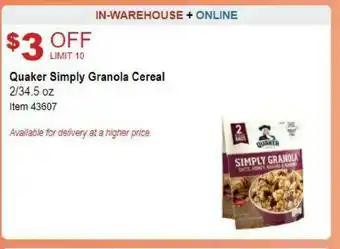 Costco Quaker Simply Granola Cereal offer