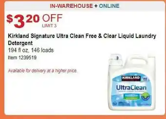 Costco Kirkland Signature Ultra Clean Free & Clear Liquid Laundry Detergent offer