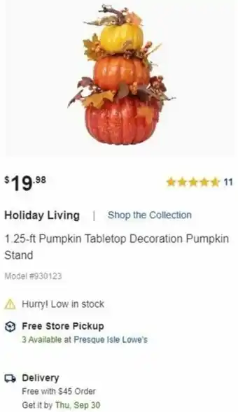 Lowe's Holiday Living 1.25 Ft. Pumpkin Tabletop Decoration Pumpkin Stand offer