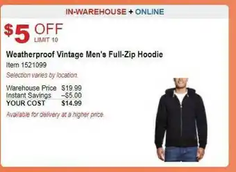 Costco Weatherproof Vintage Men's Full-Zip Hoodie offer