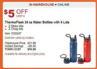 Costco ThermoFlask 24 Oz Water Bottles With 4 Lids offer