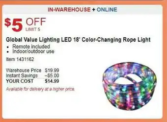 Costco Global Value Lighting LED 18' Color-Changing Rope Light offer