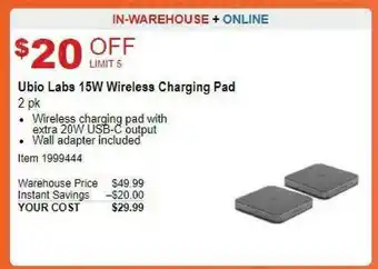 Costco Ubio Labs 15W Wireless Charging Pad offer