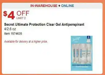 Costco Secret Ultimate Protection Clear Gel Antiperspirant offer