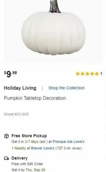 Lowe's Holiday Living Pumpkin Tabletop Decoration offer
