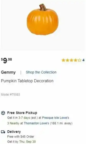 Lowe's Gemmy Pumpkin Tabletop Decoration offer