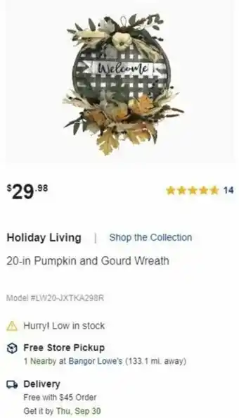 Lowe's Holiday Living 20-In Pumpkin And Gourd Wreath offer