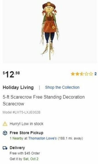 Lowe's Holiday Living 5 Ft. Scarecow Free Standing Decoration Scarecrow offer