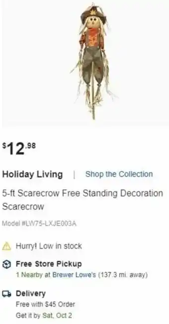 Lowe's Holiday Living 5 Ft. Scarecow Free Standing Decoration Scarecrow offer