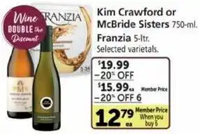 Safeway Kim Crawford Or McBride Sisters 750 ml , Franzia 5 Ltr offer