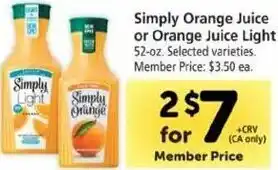 Safeway Simply Orange Juice Or Orange Juice Light offer