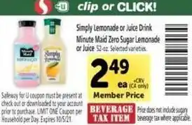 Safeway Simply Lemonade Or Juice Drink Minute Maid offer