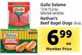 Safeway Gallo Salame, Nathan's Beef Bagel Dogs offer