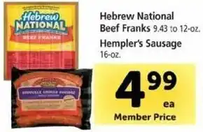 Safeway Hebrew National Beef Franks, Hempler's Sausage 16 oz offer