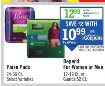 Price Chopper Poise Pads Depend For Women Or Men offer