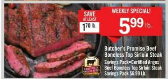 Price Chopper Butcher's Promise Beef Boneless Top Sirloin Steak offer