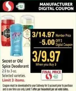 Safeway Secret Or Old Spice Deodorant offer