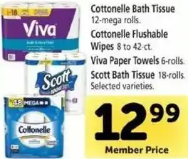 Safeway Cottonelle Bath Tissue , Conttonelle Flushable Wipes , Viva Paper Towels, Scott Bath Tissue offer