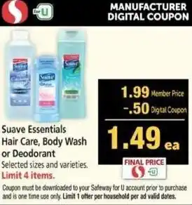 Safeway Suave Essentials Hair Care, Body Wash, Or Deodorant offer