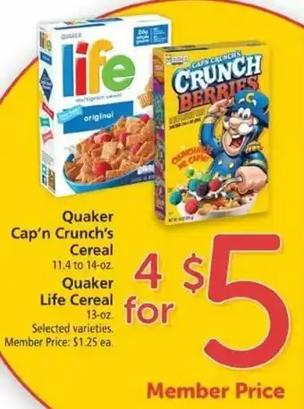 Safeway Quaker Cap'n Crunch Cereal, Quarker Life Cereal 13 oz offer