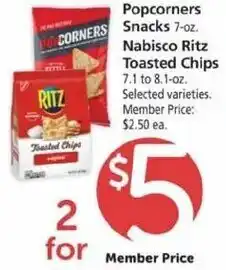 Safeway Popcorners Snacks, Nabisco Ritz Toasted Chips offer