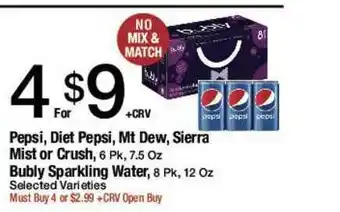 Jons International Pepsi, Diet Pepsi, Mt Dew, Sierra Mist Or Crush, Bubly Sparkling Water offer