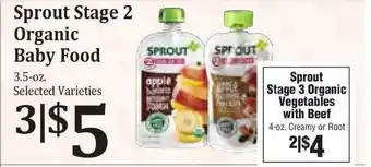 Rosauers Sprout Stage 2 Organic Baby Food Or Sprout Stage 3 Organic Vegetables With Beef Creamy Or Root offer