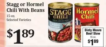 Rosauers Stagg Or Hormel Chili With Beans Or Dinty Moore Beef Stew offer