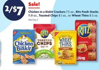 Family Dollar Chicken in a Biskit Crackers 7.5 oz., Ritz Fresh Stacks 11.8 oz., Toasted Chips 8.1 oz., or Wheat Thins 8.5 oz offer