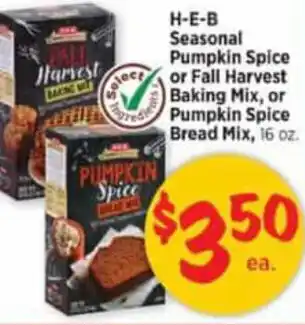 H-E-B Seasonal Pumpkin Spice Or Fall Harvest Baking Mix, Or Pumpkin Spice Bread Mix offer