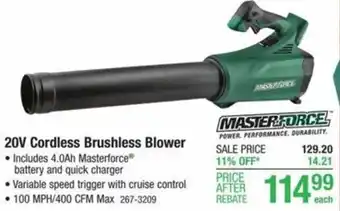 Menards 20V Cordless Brushless Blower offer