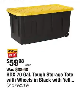 The Home Depot HDX 70 Gal. Tough Storage Tote with Wheels in Black with Yellow Lid offer